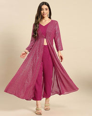 Jacket with crop top and pants in Magenta