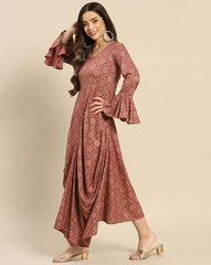 Bell Sleeve Long dress with front drape in Rose color