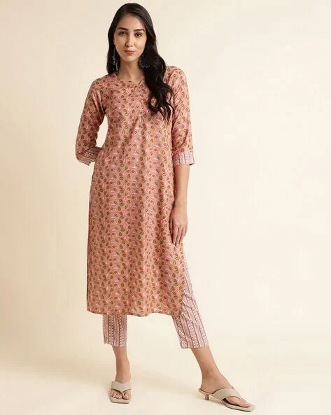 Peach Print Kurta Pyjama with Gota Work | Comfortable Cotton S...