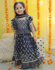Girls Pure Cotton Printed Ruffle Top Lehenga with Dupatta- Blue