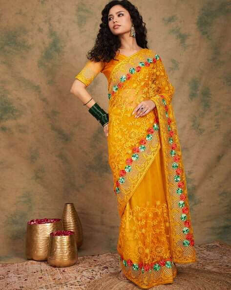Yellow Indian Saree - Banarasi Inspired Ethnic Fashion