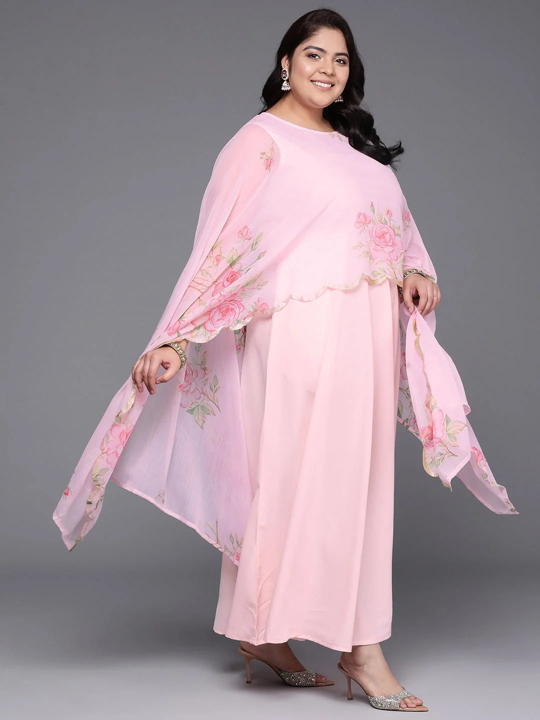 Plus Size Floral Cape Sleeve Gown | Indian Dresses Online