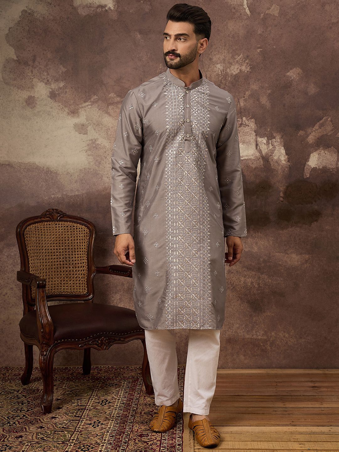 Ethnic Bay Men Grey Silk Blend Solid Embroidered Straight Kurta With Pant Set-MKSET1420