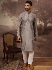 Ethnic Bay Men Grey Silk Blend Solid Embroidered Straight Kurta With Pant Set-MKSET1420