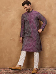 Ethnic Bay Men Purple Silk Blend Geometric Printed Straight Kurta With Pant Set-MKSET1521