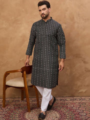 Ethnic Bay Men Black Silk Blend Geometric Printed Straight Kurta With Pant Set-MKSET1523