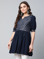 Navy Blue Rayon Silver Foil Print Tunic-AHTURYGP-8049
