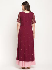 Wine Crepe Glitter Print Dress-AHDRCRGP-874