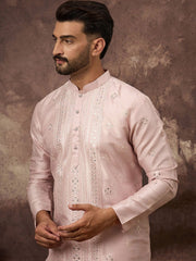Ethnic Bay Men Pink Silk Blend Solid Embroidered Straight Kurta With Pant Set-MKSET1362