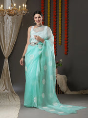 Women's Organza Turquoise Embroidered Designer Saree With Blouse Piece-4KAVI403