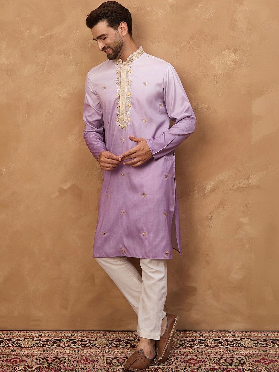 Ethnic Bay Men Purple Silk Blend Solid Embroidered Straight Kurta With Pant Set-MKSET1487