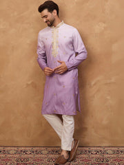 Ethnic Bay Men Purple Silk Blend Solid Embroidered Straight Kurta With Pant Set-MKSET1487
