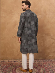 Ethnic Bay Men Black Silk Blend Geometric Printed Straight Kurta With Pant Set-MKSET1528