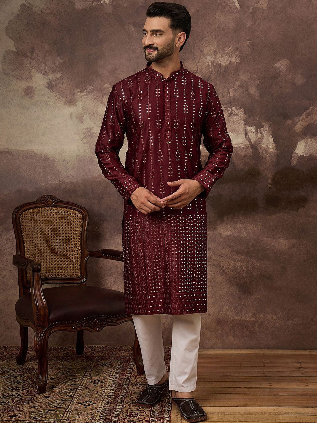 Ethnic Bay Men Maroon Silk Blend Solid Embroidered Straight Kurta With Pant Set-MKSET1361