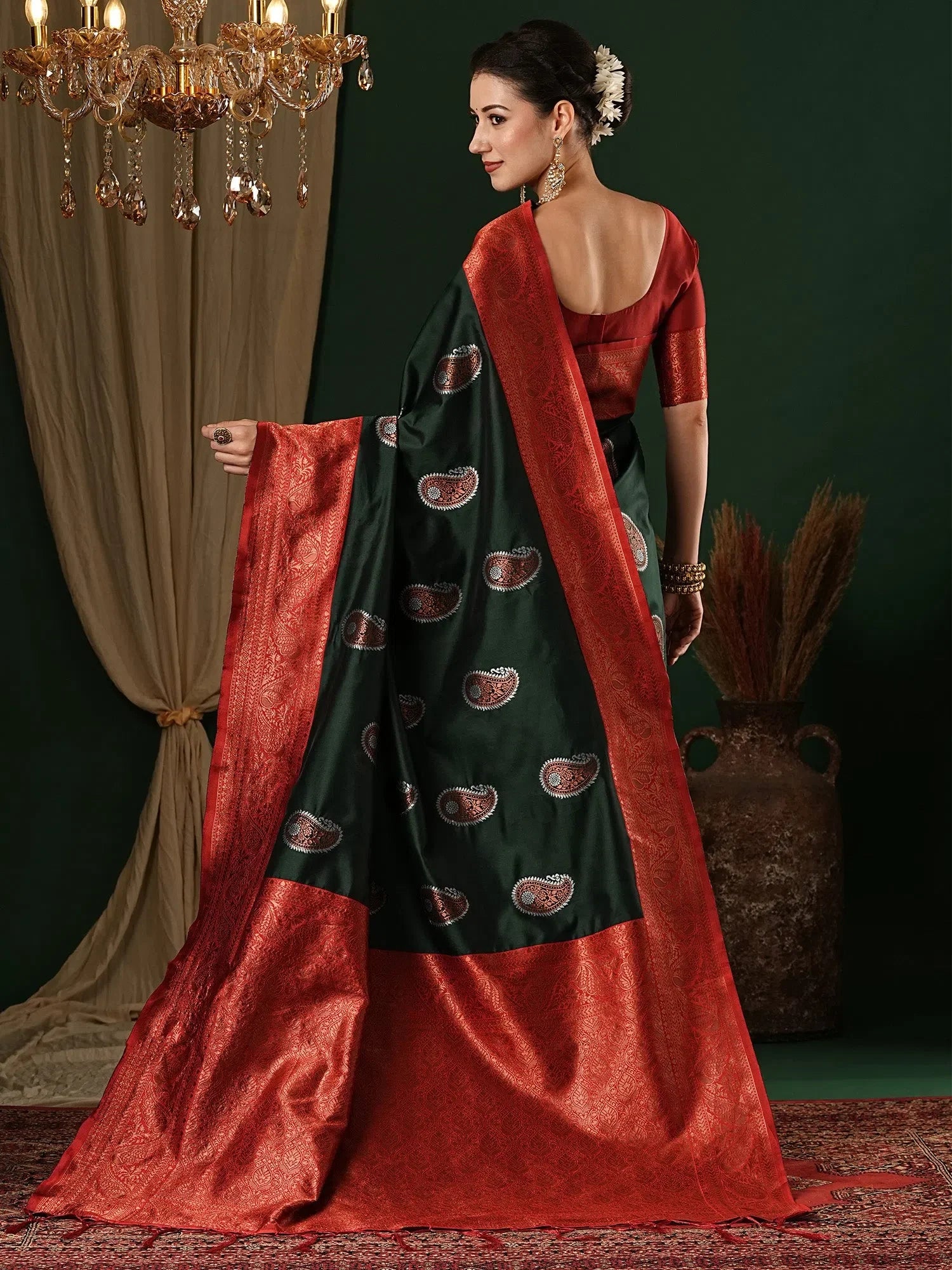 Green Woven Polyester Saree with Blouse | Indian Sarees