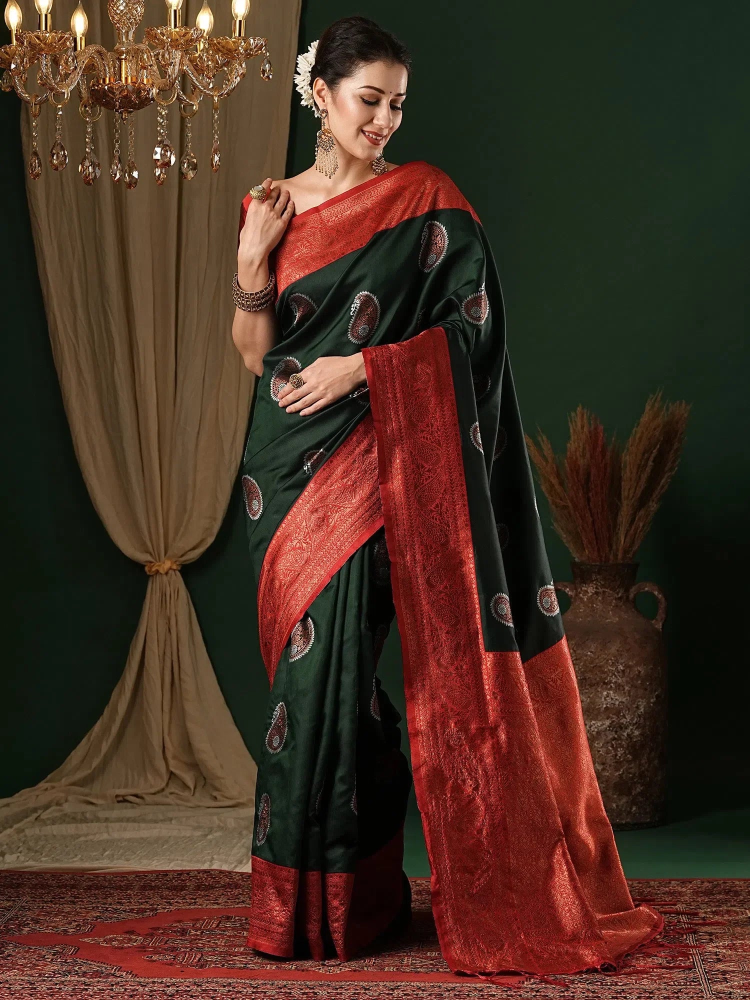Green Woven Polyester Saree with Blouse | Indian Sarees
