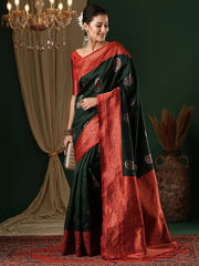 Women's Blend Light Blue Woven Design Designer Saree With Blouse Piece-4REEVA4004