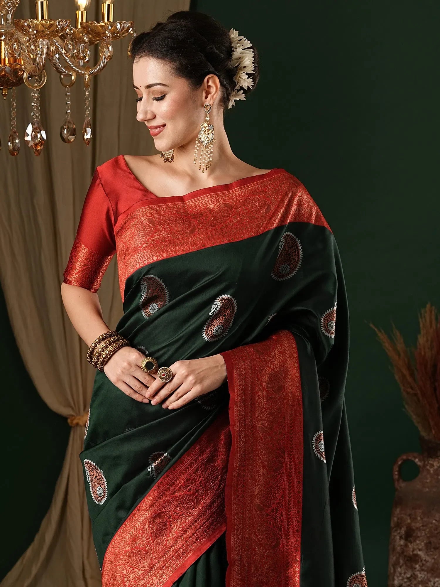Green Woven Polyester Saree with Blouse | Indian Sarees