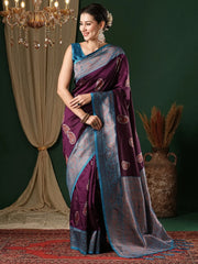 Women's Blend Teal Green Woven Design Designer Saree With Blouse Piece-5REEVA5003