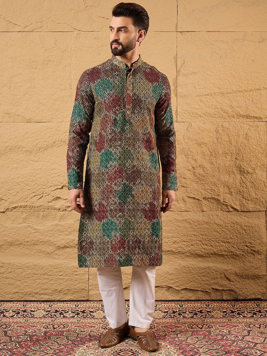 Ethnic Bay Mens Multi Viscose Rayon Geometric Embroidered Chikankari Straight Kurta With Pant Set-MKSET1180