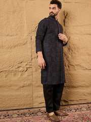 Ethnic Bay Mens Black Viscose Rayon Geometric Embroidered Chikankari Straight Kurta With Pant Set-MKSET1166