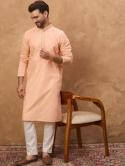 Ethnic Bay Men Peach Silk Blend Solid Embroidered Straight Kurta With Pant Set-MKSET1453