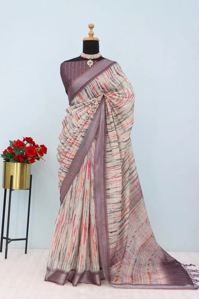 Linen Digital Print Brown Saree With Unstiched Blouse Piece