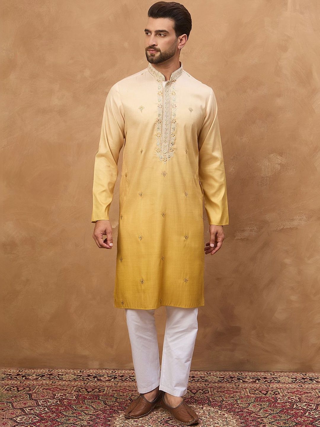 Ethnic Bay Men Yellow Silk Blend Solid Embroidered Straight Kurta With Pant Set-MKSET1486