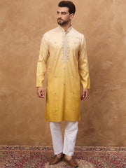 Ethnic Bay Men Yellow Silk Blend Solid Embroidered Straight Kurta With Pant Set-MKSET1486