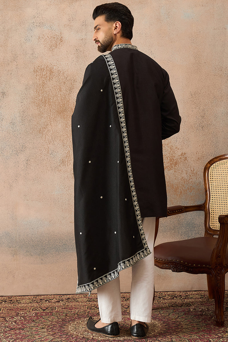 Black Silk Blend Solid Embroidered Kurta With Dupatta MKUD1012