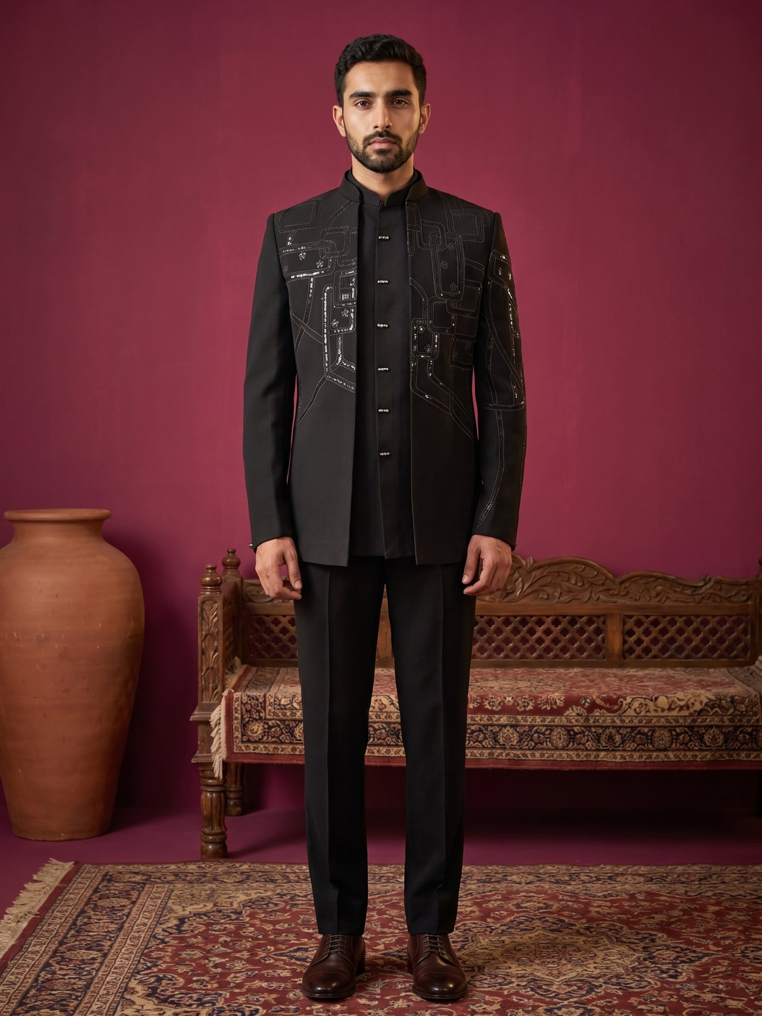DesiQlo Men Embroidered Indo Western Set - Black - 50JIND_212Black_S