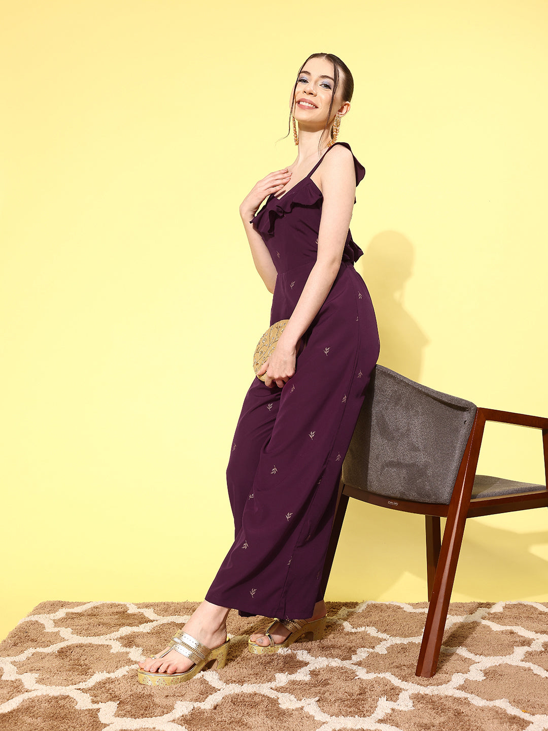 Burgundy Printed Ruffle Jumpsuit | One-Piece Outfits for Women
