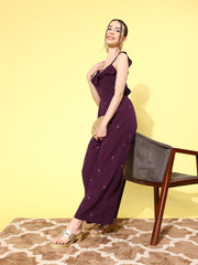 Burgundy Printed Jumpsuit with Ruffles-AHJSCRGL-59-FF
