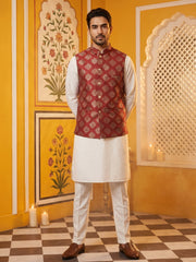 Men's Maroon Printed Nehru Jacket With Solid Kurta Pyjama ( JOKPWC 592W 4032Maroon )