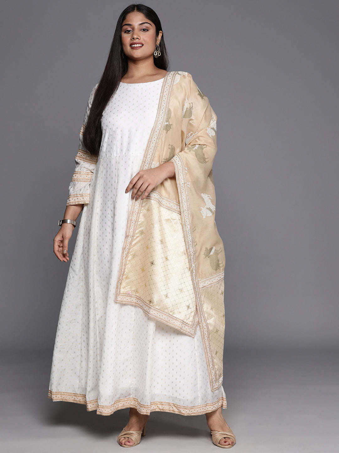 Off White & Gold Printed Plus Size Maxi Ethnic Dress With Dupatta-AP-AHDRDU-COMBO-234