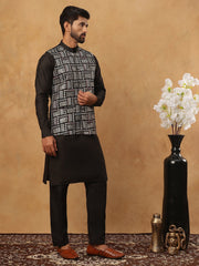 Embroidered Nehru Jacket Set with Solid Kurta Pyjama (65KPWC 592B 4150 Black )