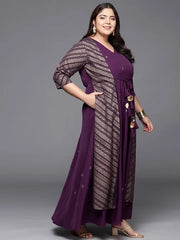 Burgandy & Gold Printed Plus Size Maxi Ethnic Dress-AP-AHKUCRGP-886