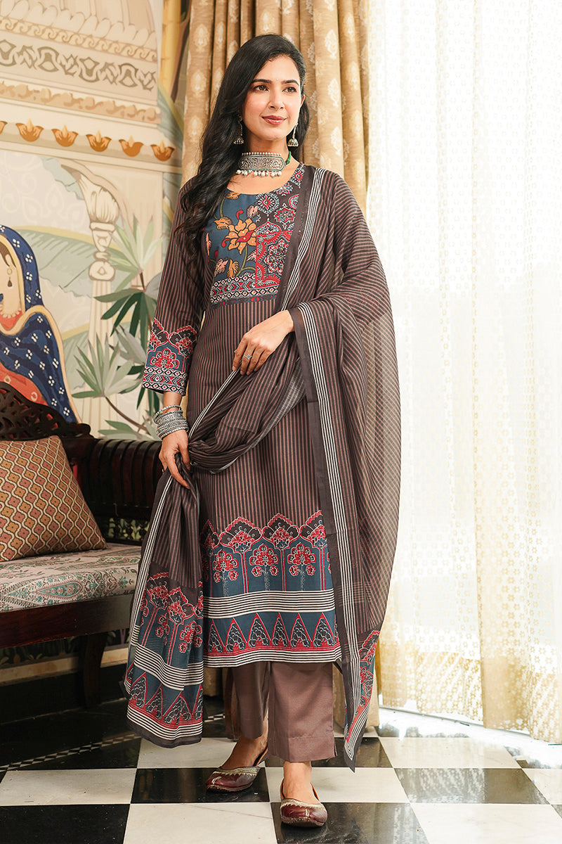 Brown Rayon Blend Ethnic Motifs Printed Straight Kurta Trousers With Dupatta PKSKD3072