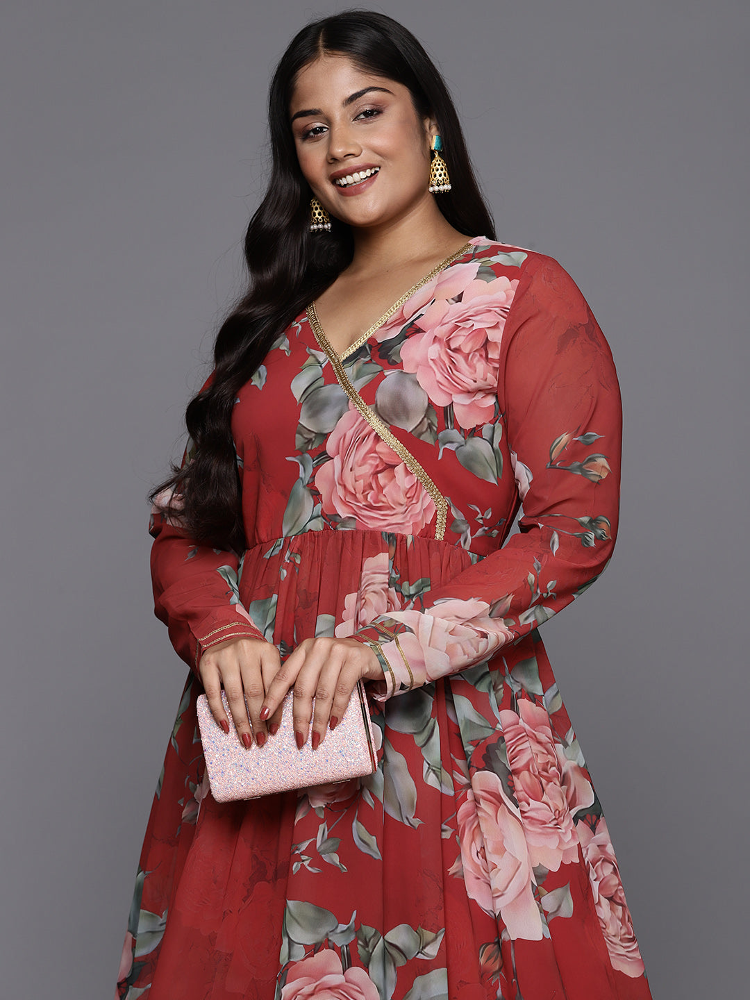 Red Floral Kurta and Palazzo Set - Plus Size Women's Outfit
