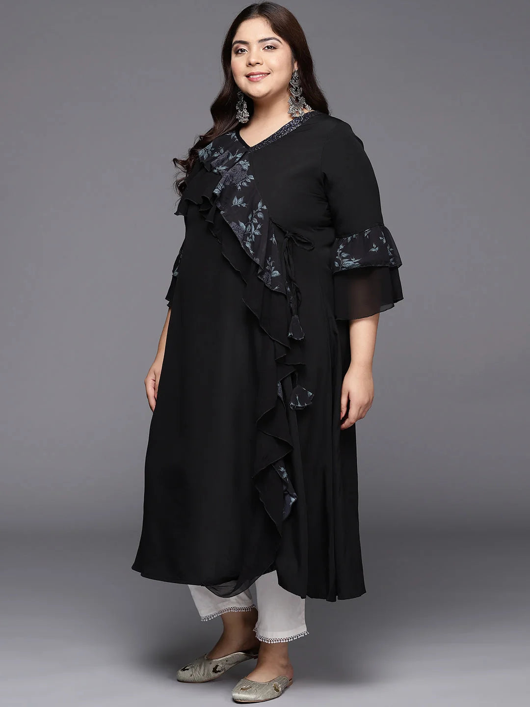 Black Floral Printed Plus Size Kurta - Indian Kurtas for Ladies