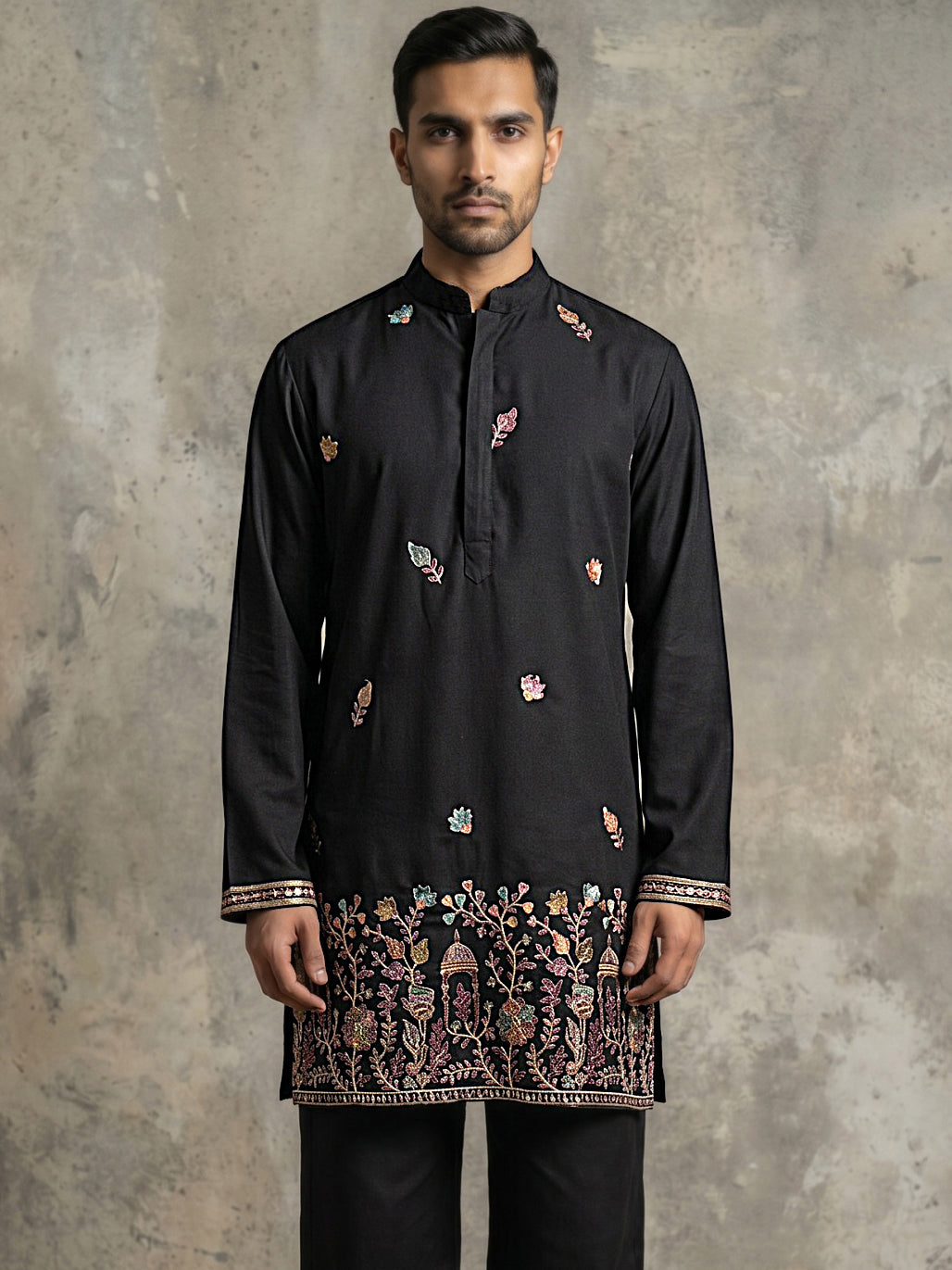 DesiQlo Men Embroidered Kurta Only - Black - 65KO_5596Black_S