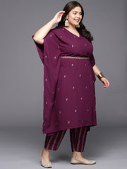 Burgundy & Gold Printed Plus Size Kaftan Kurta with Trousers-AP-AHKFPNBL-COMBO-344