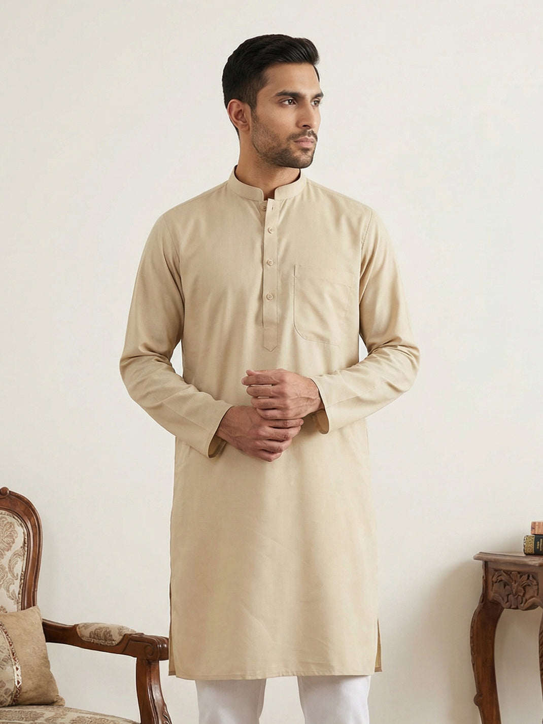 DesiQlo Men Solid Kurta Only - Beige - KO_5144Beige_S