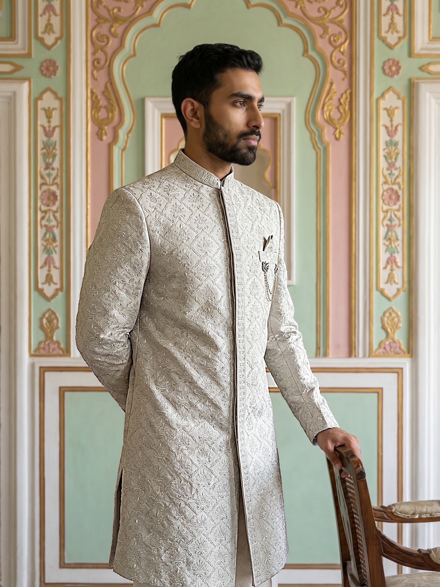 DesiQlo Men Embroidered Indo Western Set - Beige - 50JIND_235Beige_S