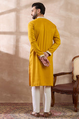 Yellow Silk Blend Embroidered Mandarin Collar Straight Kurta With Trouser MKSET1786
