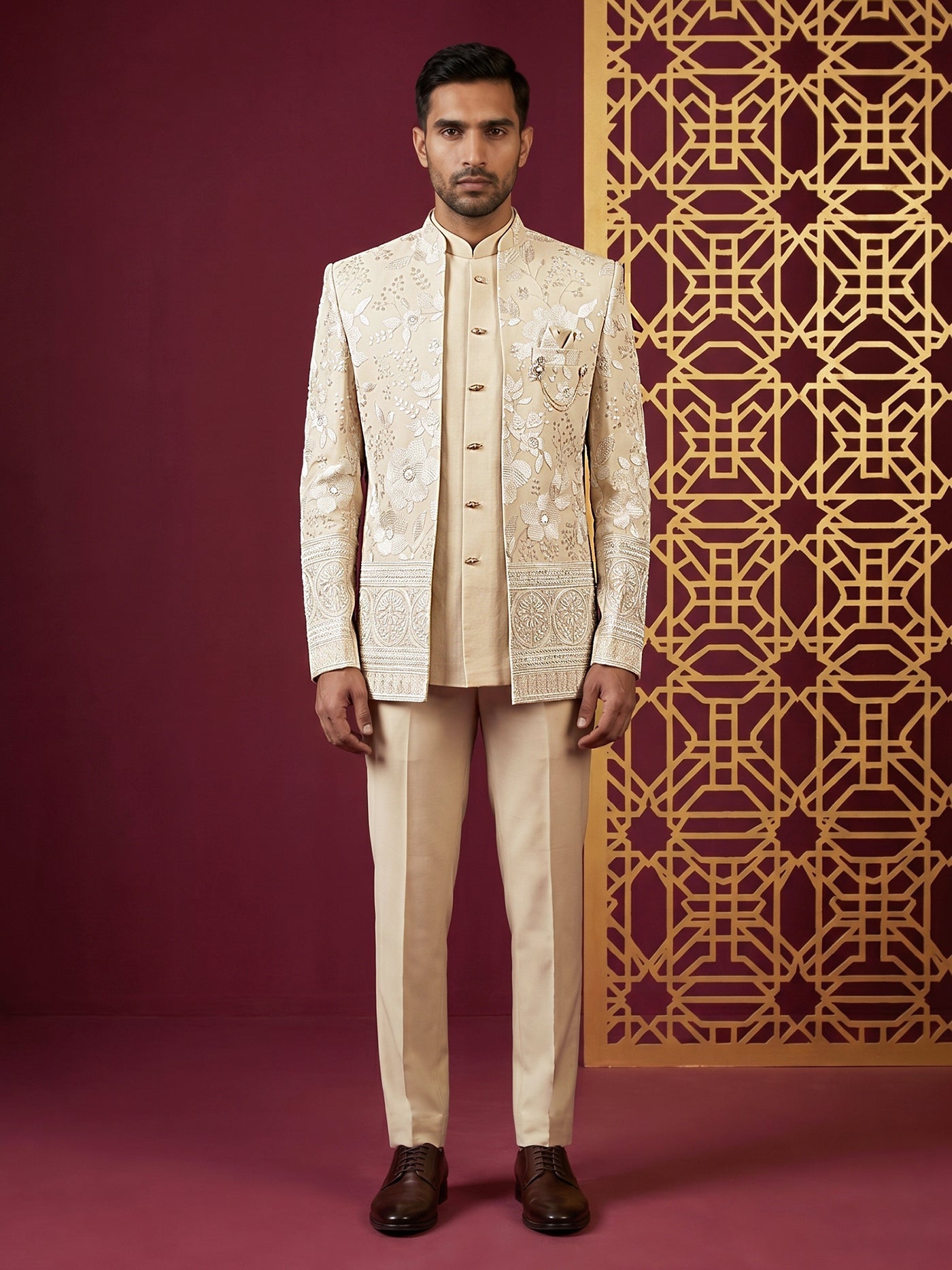 DesiQlo Men Embroidered Indo Western Set - Beige - 50JIND_227Beige_S