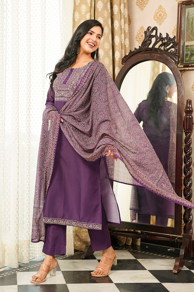 Purple Rayon Blend Ajrakh Printed Straight Kurta Trousers With Dupatta PKSKD3067