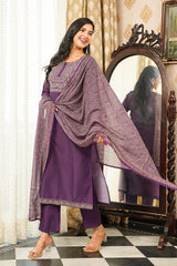 Purple Cotton Blend Ajrakh Printed Straight Kurta Trousers With Dupatta PKSKD3067