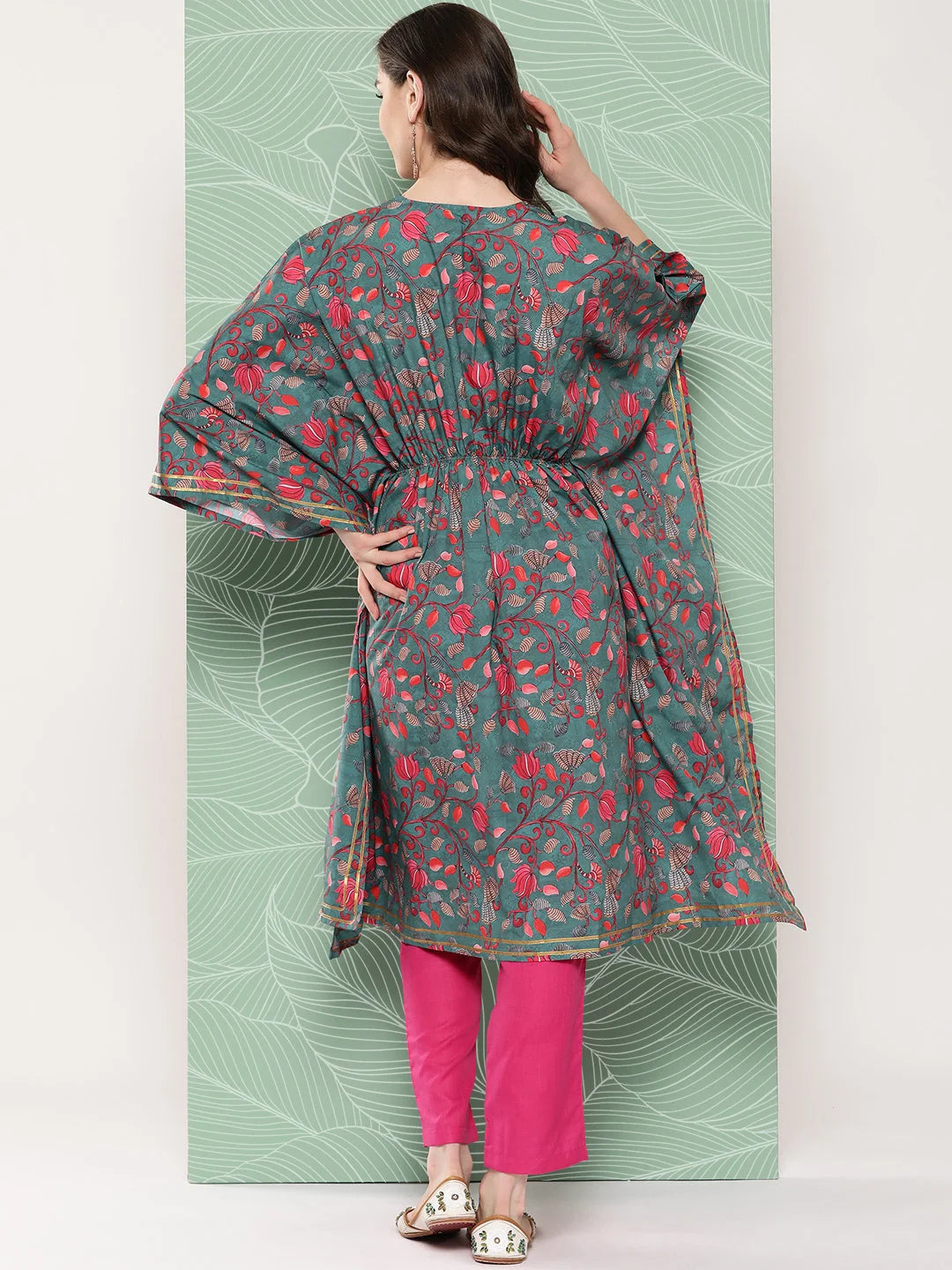 Green & Pink Floral Kaftan Kurta: Resort Wear Kaftans Online