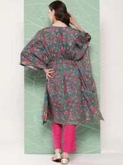 Green & Pink Floral Printed Gotta Patti Kaftan Kurta-AHKFCRDP-6068-ICH